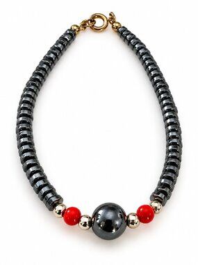 Hematite Beaded Bracelet Red & Gold Tone Accents 6.75"